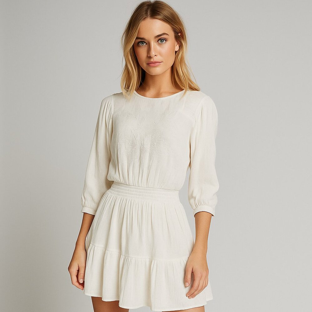 NWOT Zara Women's Linen Boho Cream Embroidered Mini 3/4 Sleeve Dress S